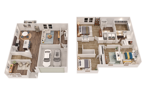 Two floor plans of a house with a kitchen, living room, and bedrooms.